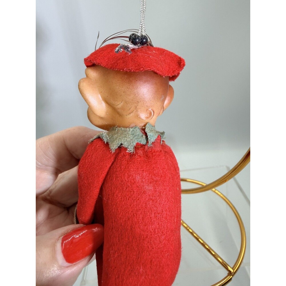Vintage Christmas Elf Ornament Knee Hugger Red Felt Poseable Pixie Retro - Picture 9 of 13